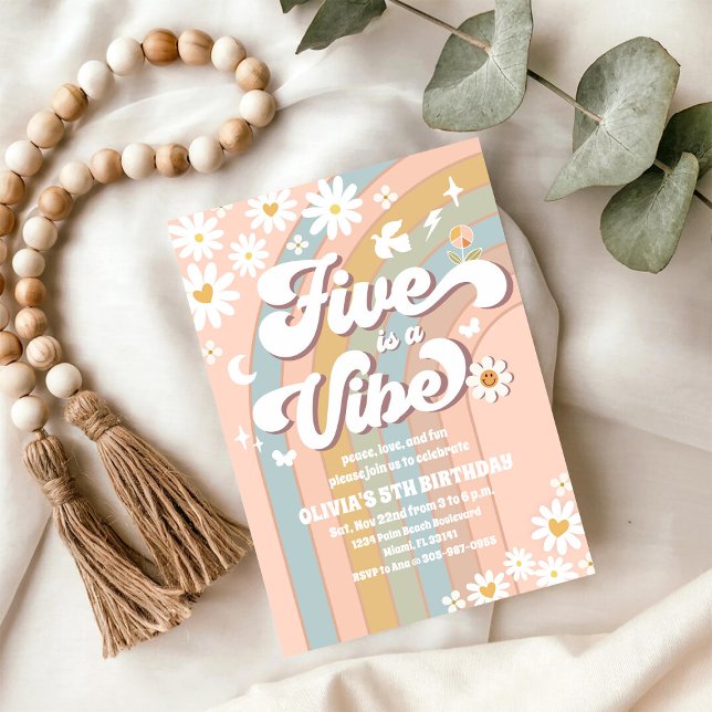 Retro Daisy Rainbow Birthday Invitation (Creator Uploaded)