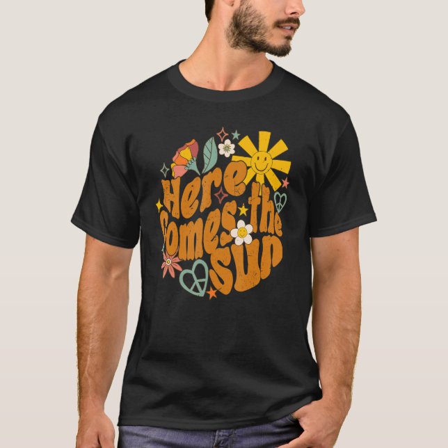 Retro Daisy Rainbow Sunrise Here Comes The Sun Hip T-Shirt (Front)