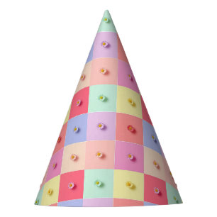 Retro daisy Red Pink Blue Flowers pattern Birthday Party Hat