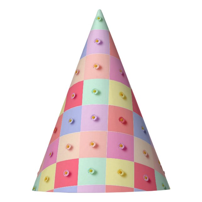 Retro daisy Red Pink Blue Flowers pattern Birthday Party Hat (Front)