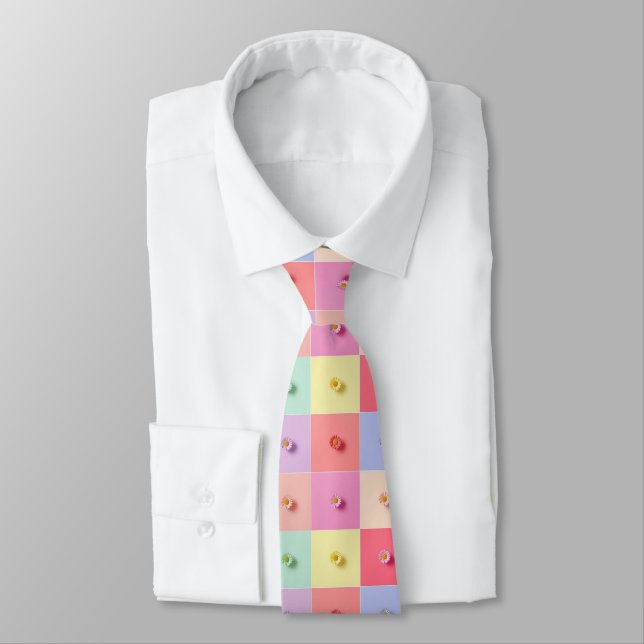 Retro daisy Red Pink Blue Flowers pattern Birthday Tie (Tied)