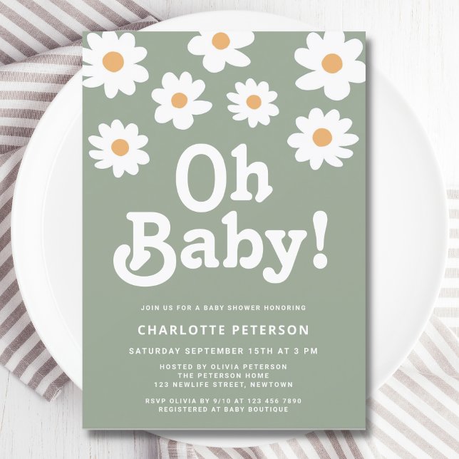 Retro Daisy Sage Green Baby Shower Invitation (Creator Uploaded)