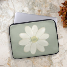 Retro Daisy Sage Green Custom Name Laptop Sleeve