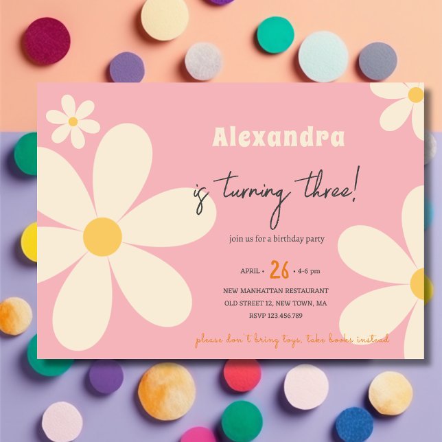 Retro Daisy simple floral kids birthday Invitation (Creator Uploaded)