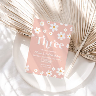 Retro Daisy THREE Floral 3rd Birthday Invitation