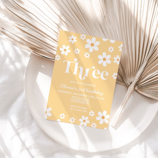 Retro Daisy THREE Floral 3rd Birthday Invitation (Creator Uploaded)