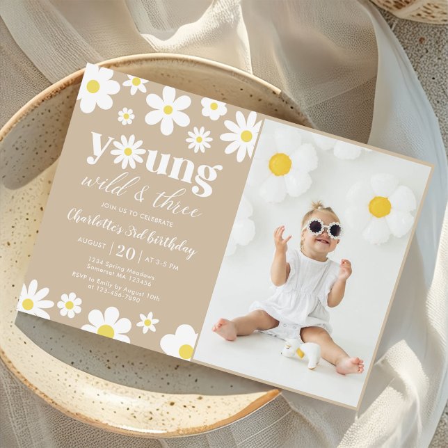 Retro Daisy Three Floral 3rd Birthday Photo Invitation (Creator Uploaded)