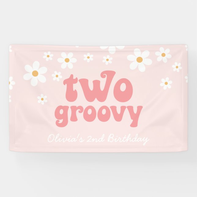 Retro Daisy Two Groovy Pink Floral 2nd Birthday Banner (Horizontal)