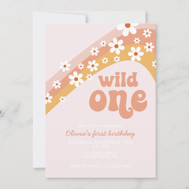 Retro daisy Wild One boho floral first birthday In Invitation (Front)