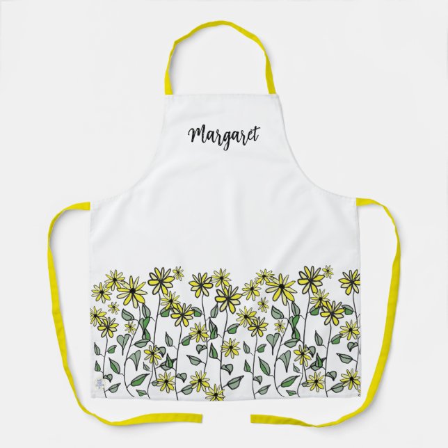 Retro Daisy Wildflowers Hand-Drawn Boho Summer Apron (Front)