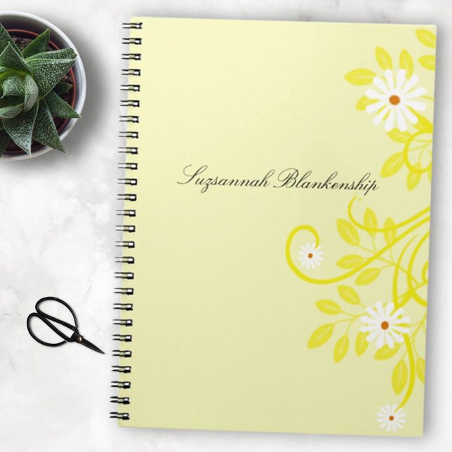 Retro Daisy Yellow Filigree Border Personalised Notebook (Creator Uploaded)