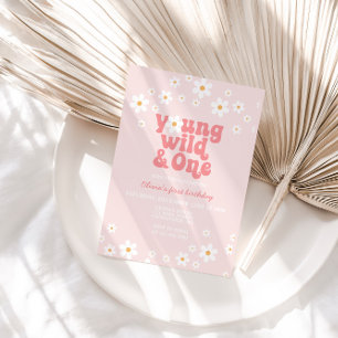 Retro Daisy Young Wild One Floral 1st Birthday Invitation