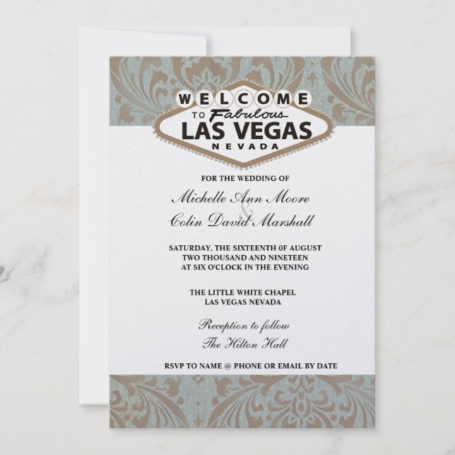 Retro Damask Floral Las Vegas Wedding Invite (Front)