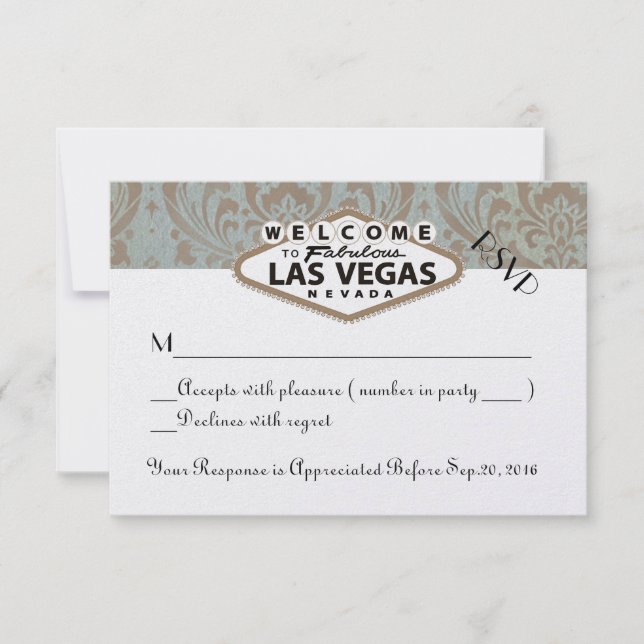 Retro Damask Floral Las Vegas Wedding RSVP Card (Front)