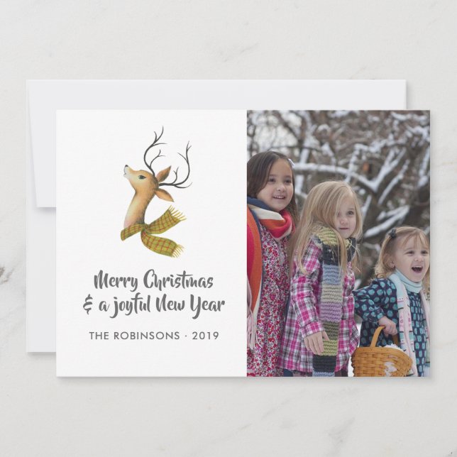 Retro Damask Reindeer Christmas Family Photo Holiday Card (Front)