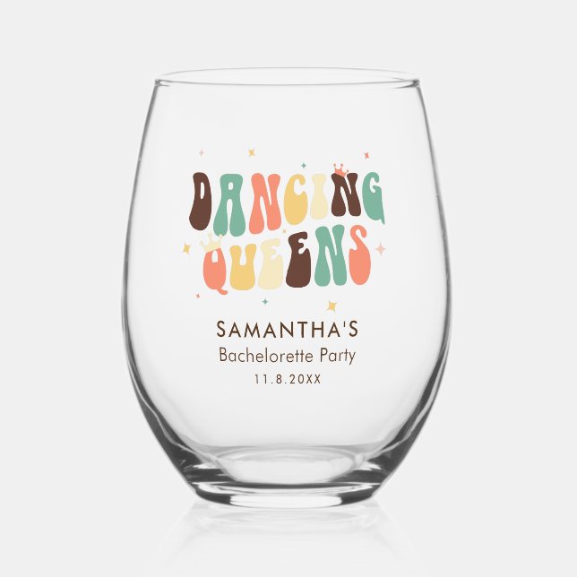 Retro Dancing Queens Disco Bachelorette Party Stemless Wine Glass (Front)