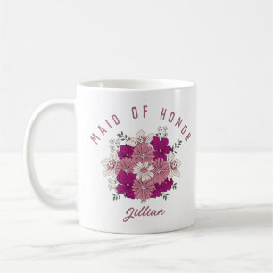 Retro Dark Pink Flower Custom Name Bridesmaid Mug
