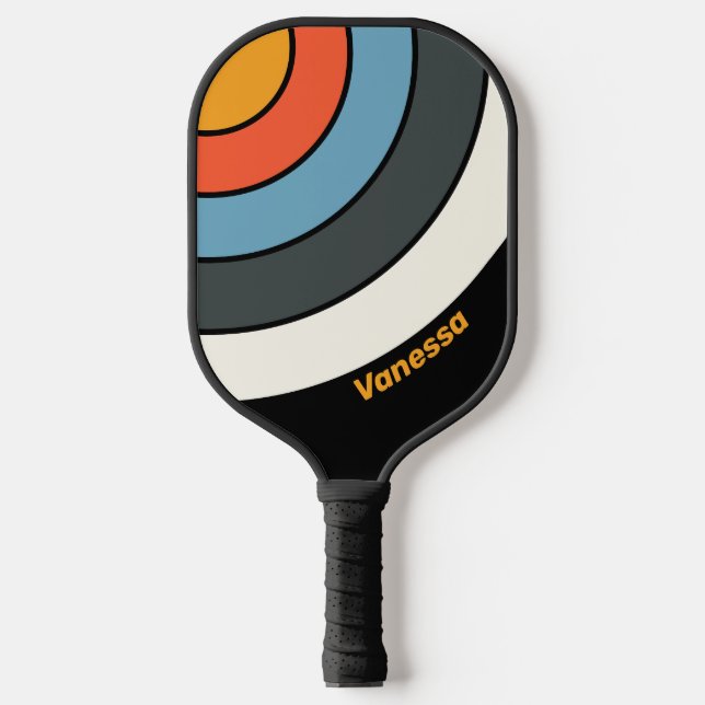 Retro Dark Rainbow Circle Stripe with Name Pickleball Paddle (Front)