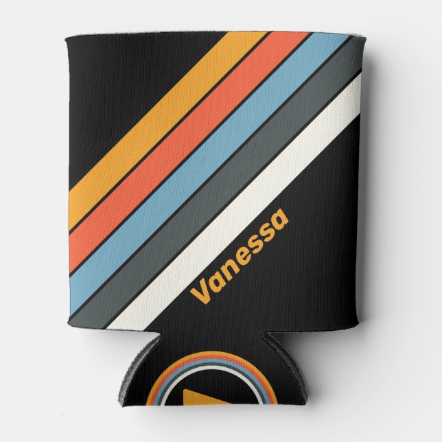 Retro Dark Rainbow Striped with Name Can Cooler (Front)