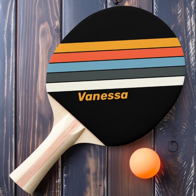 Retro Dark Rainbow Striped with Name Ping Pong Paddle (Creator Uploaded)