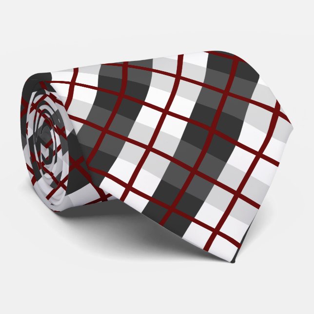 Retro Dark Red Black and White Plaid Pattern Tie (Rolled)