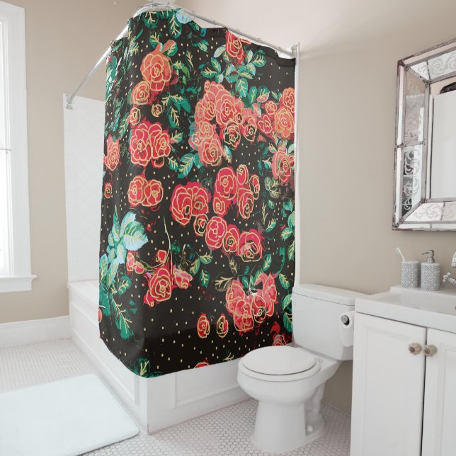 Retro Dark Red Roses Polka Dot Floral Pattern Shower Curtain (In Situ)