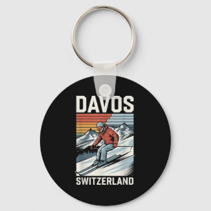 Retro Davos Switzerland Ski Resort, Alpine Skiing Key Ring