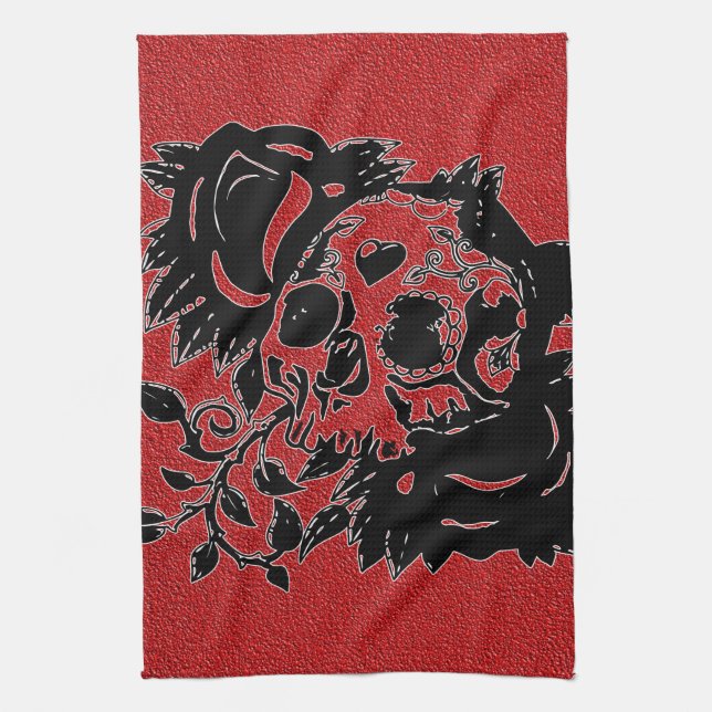 Retro Day of the Dead Grunge Sugar Skull Tea Towel (Vertical)
