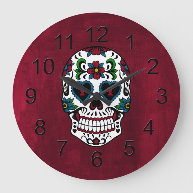 Retro Day of the Dead Sugar Skull Large Clock (Front)