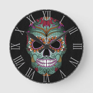 Retro Day of the Dead Sugar Skull on Leather Round Clock