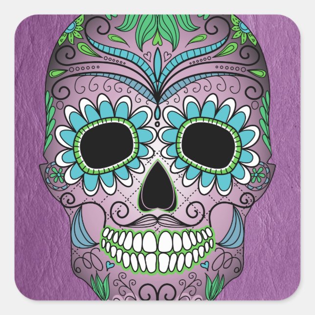 Retro Day of the Dead Sugar Skull on Leather Square Sticker (Front)