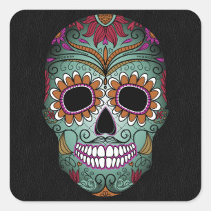 Retro Day of the Dead Sugar Skull on Leather Square Sticker