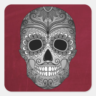 Retro Day of the Dead Sugar Skull on Leather Square Sticker
