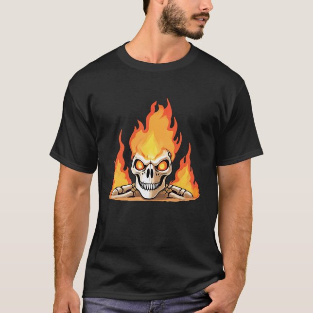 Retro Dead Burning skeleton Skull in Fire  T-Shirt (Front)