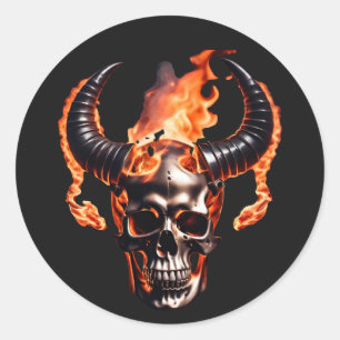  Retro Dead Burning Skull with horn in Fire  Classic Round Sticker