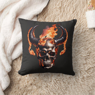  Retro Dead Burning Skull with horn in Fire  Cushion