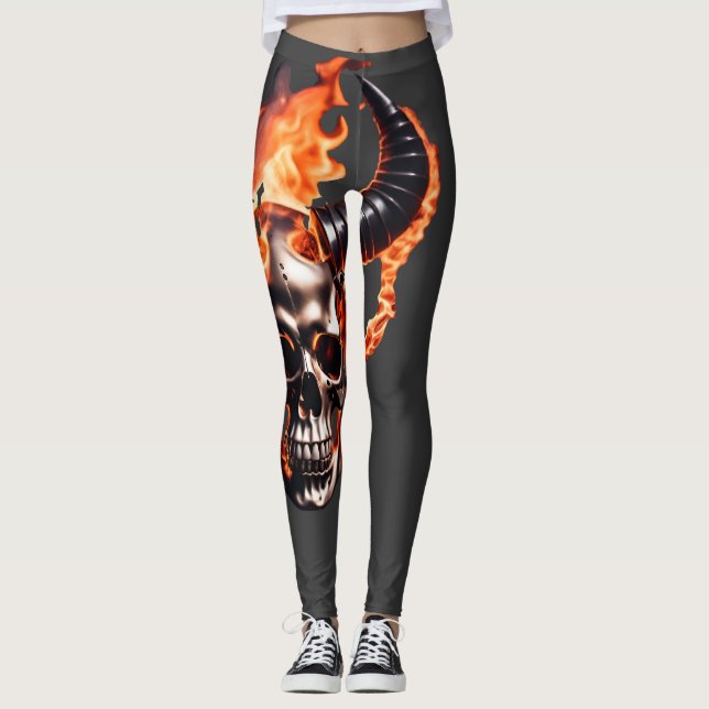  Retro Dead Burning Skull with horn in Fire  Leggings (Front)