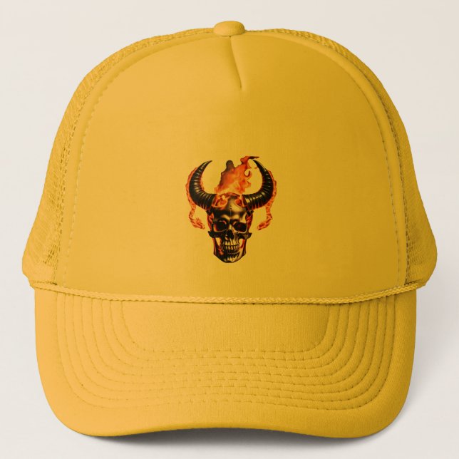  Retro Dead Burning Skull with horn in Fire  Trucker Hat (Front)