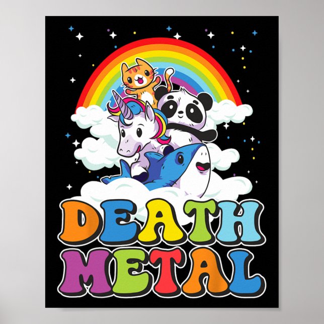 Retro Death Metal Cat Rainbow Unicorn Funny Heavy  Poster (Front)