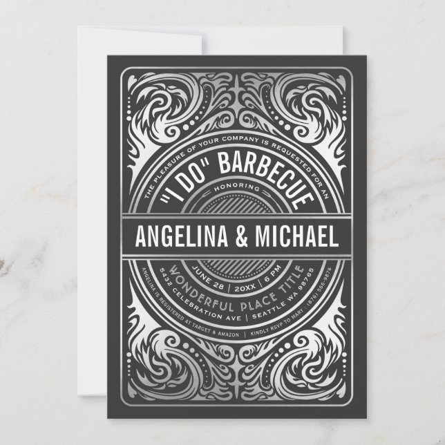 Retro Deco I Do BBQ Invitations Black White Silver (Front)