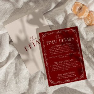 Retro Deep Red Ivory Old Money Wedding Details Enclosure Card