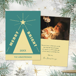 Retro Deep Teal Geometric Tree Photo Christmas Holiday Card