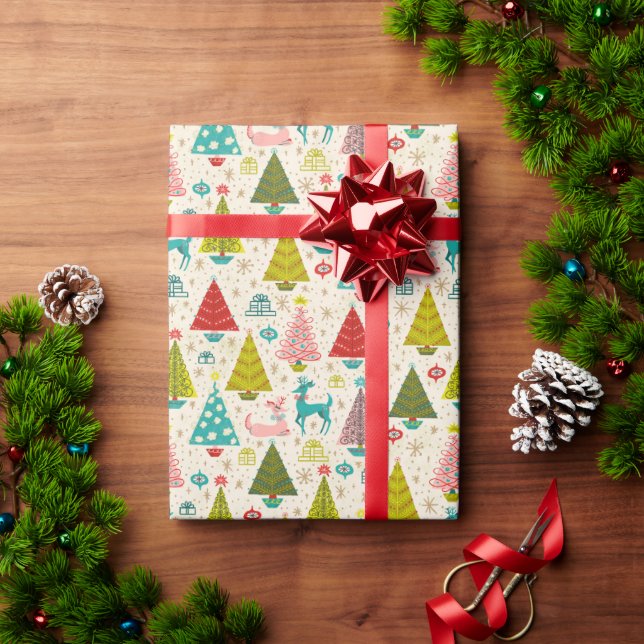 Retro Deer Amongst Snowy Christmas Trees Wrapping Paper (Holiday Gift)