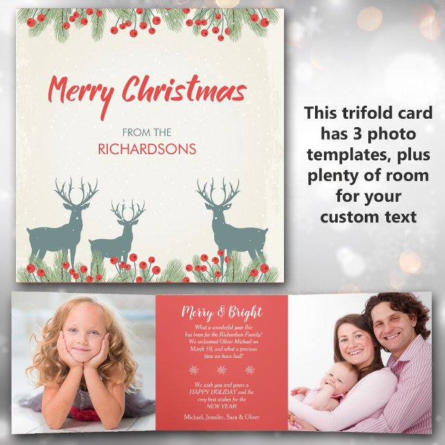 Retro Deer Holly 3 Photo Trifold Christmas Card (Creator Uploaded)