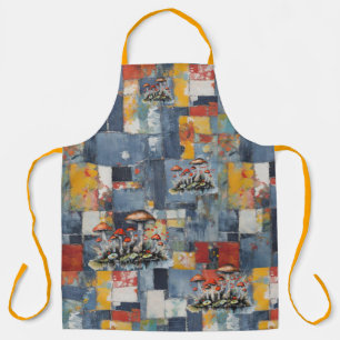 Retro Denim Patchwork with Mushrooms Apron