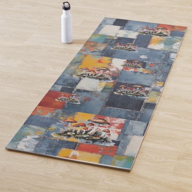 Retro Denim Patchwork with Mushrooms Yoga Mat (In Situ)
