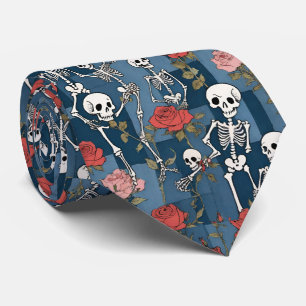 Retro Denim Patchwork with Skeletons and Roses Tie