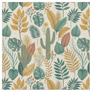 Retro Desert Cactus & Tropical Foliage Design Art Fabric