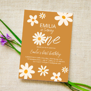 Retro desert daisy 1st birthday party dusty yellow invitation