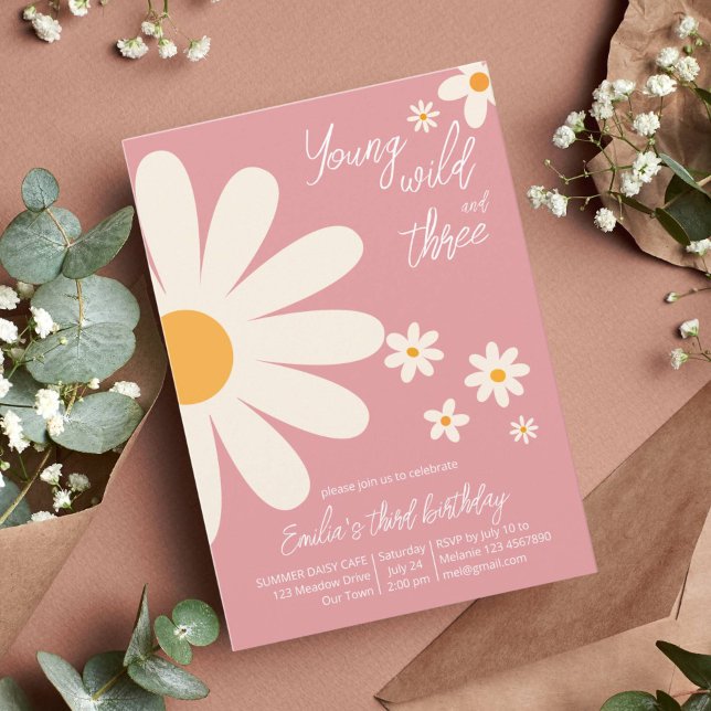 Retro desert daisy 3rd birthday party dusty pink invitation (Creator Uploaded)